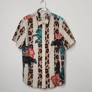Mavrans Shirt Large Leo Pantera Weekend Floral Animal Print Stripe Stretch Coco